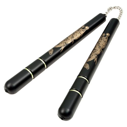Round Plastic Nunchaku Nunchuck w/Dragon Black 12"
